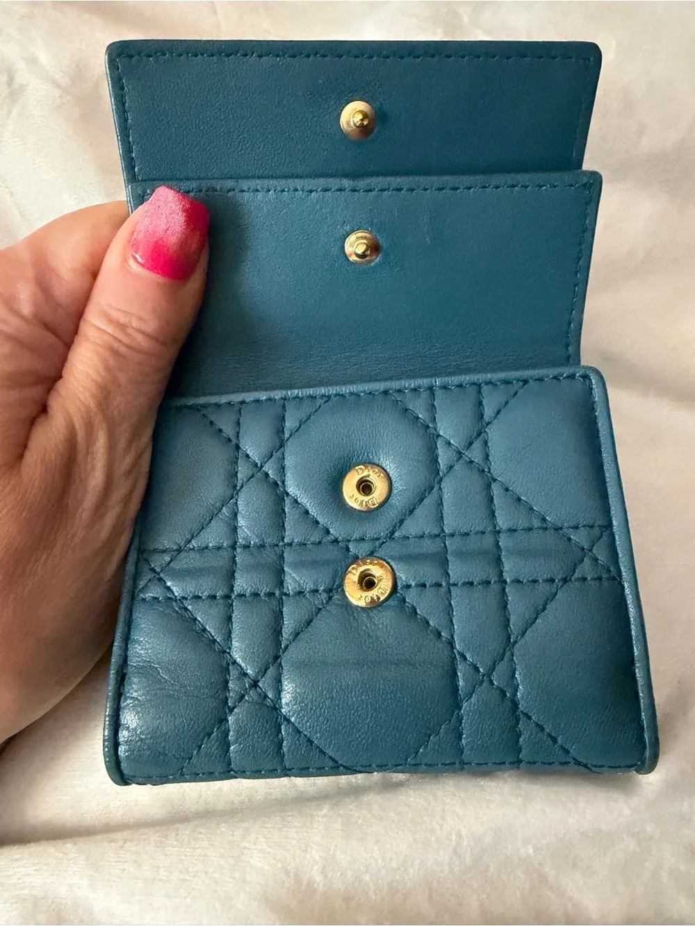 Dior Cannage Leather Double Flap Compact Teal Blue Wallet w/Gold-tone DIOR Charm